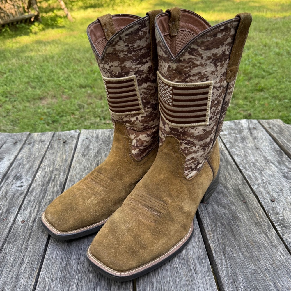 Ariat Sport Patriot Mens Western Boots 11D Brown Suede Camo Flag 10019959